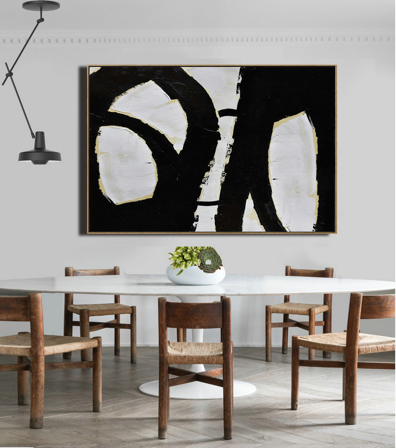 Large Canvas Wall Art For Sale,Horizontal Palette Knife Minimal Canvas Art Painting Black White Beige - Hand Made Original Art